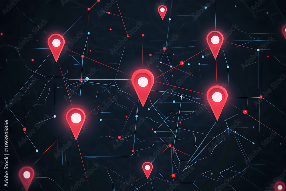 Poster digital network map with location markers and connections.