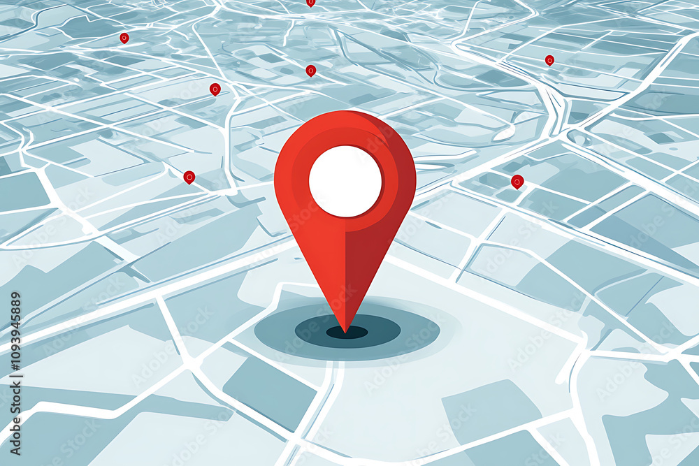 Poster a stylized map with a prominent location pin symbolizing navigation or location services.