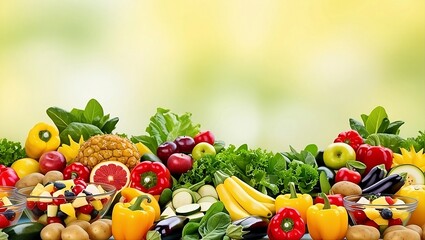 Vibrant Still Life of Fresh Fruits and Vegetables with Colorful Salad and Leafy Greens