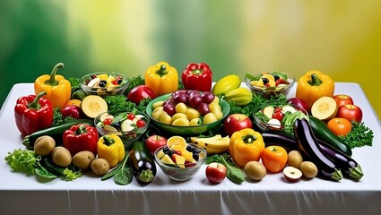 Vibrant Still Life of Fresh Fruits and Vegetables with Colorful Salad and Leafy Greens