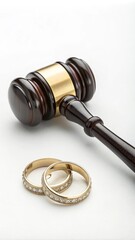 Gavel and wedding rings symbolizing divorce and legal separation