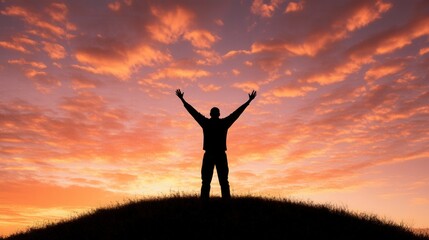 silhouette of a person celebrating at sunset with arms raised