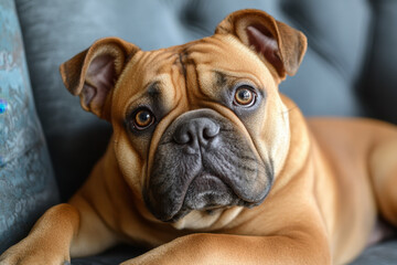 Obraz premium English Bulldog. A close-up of a relaxed, adorable dog with a wrinkled face and expressive eyes, resting comfortably on a soft surface.