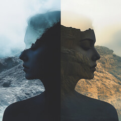 Abstract Female Silhouette with Layered Rock and Sky Textures