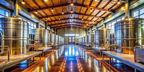 Fototapeta premium Modern Winery Interior Featuring Stainless Steel Fermentation Tanks and Elegant Design Elements for a Luxurious Wine Production Experience