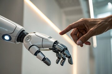 The human finger delicately touches the finger of a robot's metallic finger