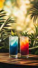 Tropical Blue and Red Cocktails on Wooden Table Amidst Lush Greenery and Soft Lighting : Generative AI