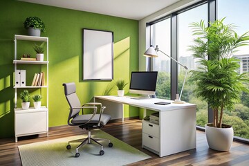 Modern Work Office Room with Empty White Poster, Desk, and Computer - High-Quality Macro Photography for Creative Workspace Inspiration