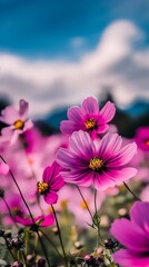 Fototapeta premium Bright Pink Cosmo Flowers Against Blue Skies in Lush Natural Setting : Generative AI