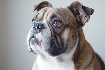 English Bulldog. A close-up portrait of a Bulldog, showcasing its distinctive features and expressive eyes against a neutral background.