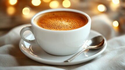 Fototapeta premium Aromatic coffee in white cup on saucer.