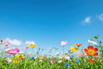 Fototapeta premium Vibrant Wildflower Meadow Under Bright Blue Sky on a Sunny Day with Colorful Blossoms and Soft Clouds Enhancing Natural Beauty of Spring Landscape