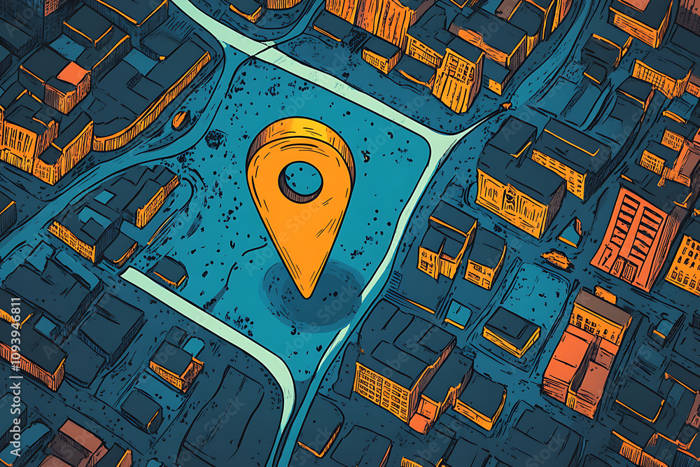Poster a vibrant map view highlighting a location marker in an urban setting.