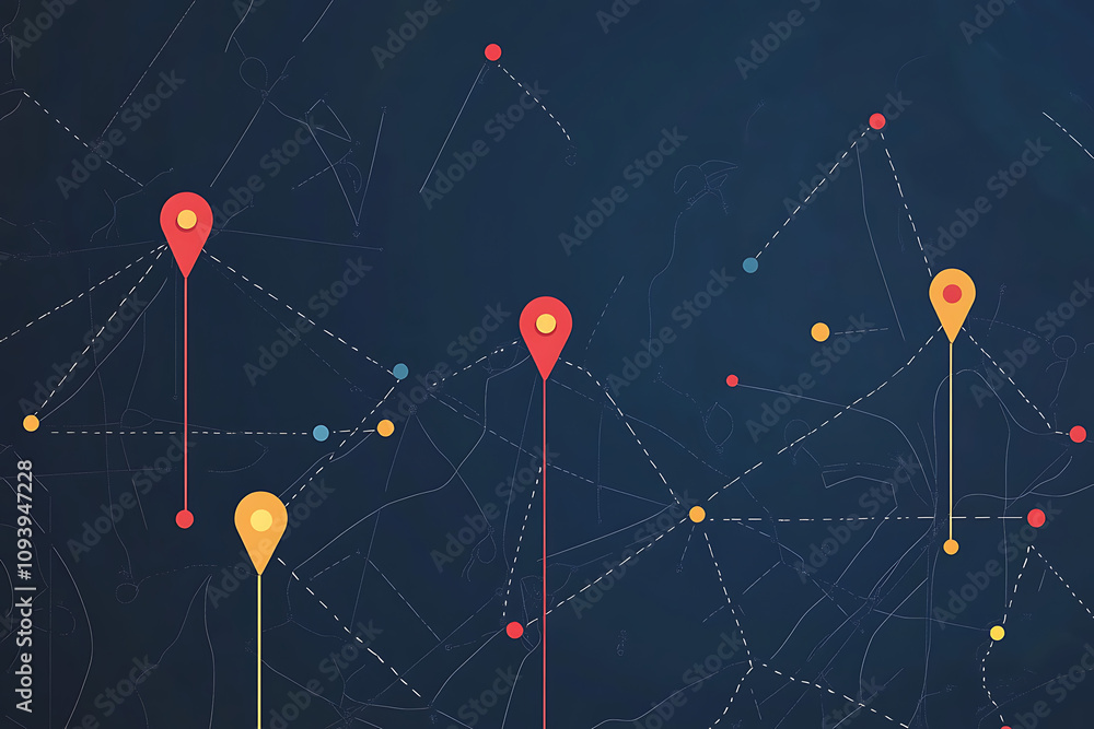 Aufkleber abstract graphic featuring location markers and connecting lines on a dark background.