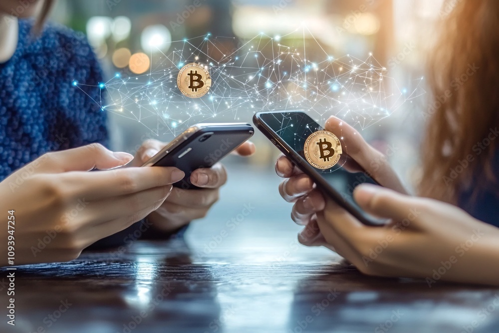 Poster close-up view of hands making a bitcoin payment via mobile app, surrounded by digital transaction ic