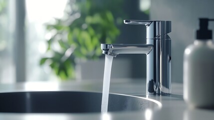 Modern Chrome Faucet with Flowing Water in Contemporary Bathroom Setting : Generative AI