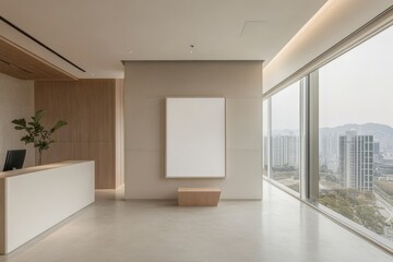 Obraz premium A modern office lobby with a white reception desk, wooden wall paneling, a blank canvas, and a large window overlooking a city skyline.