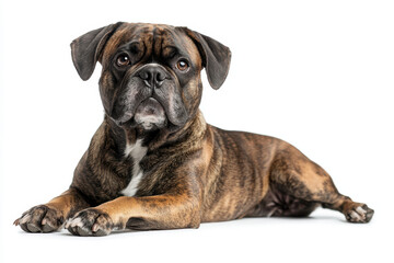 Obraz premium English Bulldog. A charming, brindle dog lounges gracefully, showcasing its expressive eyes and playful demeanor against a clean white background.