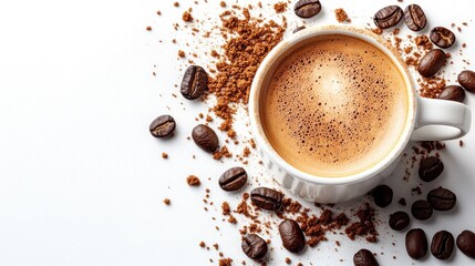 Aromatic espresso coffee in white cup with beans and grounds.