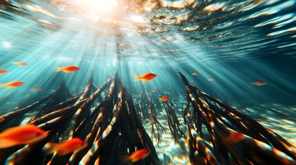 Fototapeta premium Underwater Mangrove Roots and Fish