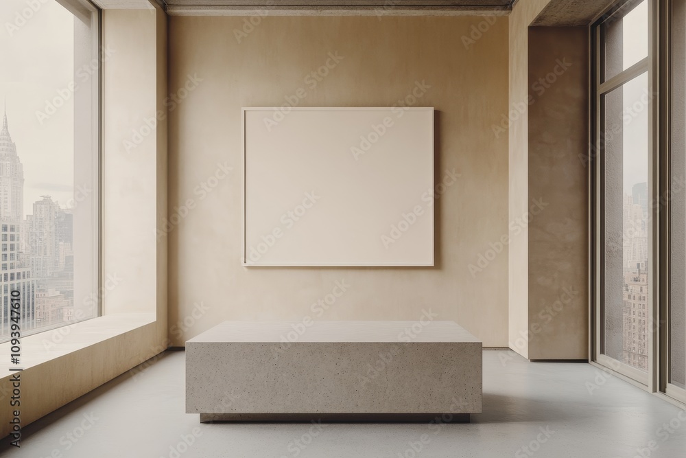 Poster A large square canvas mockup hangs on a beige wall with a concrete coffee table in a minimalist room with two large windows overlooking a city skyline.