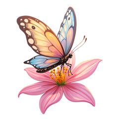 Obraz premium A vibrant butterfly perched gracefully on a soft pink blossom, capturing the essence of nature s beauty, digital art of nature illustration concept.
