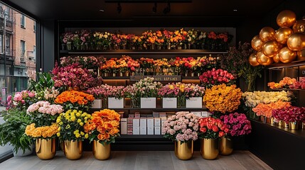 Luxurious Floral Display with Bright Multicolored Flowers in Modern Flower Boutique : Generative AI