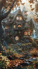 Obraz premium Enchanted Cottage in a Fantasy Forest: A Whimsical Autumn Scene