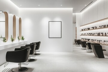 A minimalist modern hair salon with black chairs, white walls and wooden accents, featuring a blank poster frame.