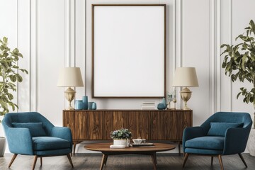 A modern living room with two blue armchairs, a coffee table, a wooden cabinet, two lamps, and a large blank picture frame on the wall.