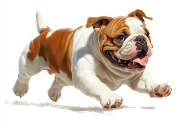 English Bulldog. A playful bulldog joyfully runs, showcasing its energetic spirit and distinctive coat patterns.