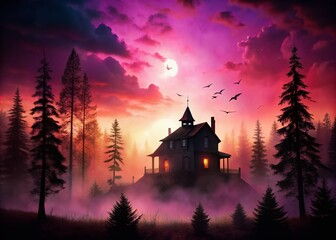 Fototapeta premium Mysterious Haunted House Silhouette in Dark Forest Under Eerie Pink Sky, Perfect for Halloween and Gothic Themes, Captivating Atmospheric Photography of Spooky Landscapes
