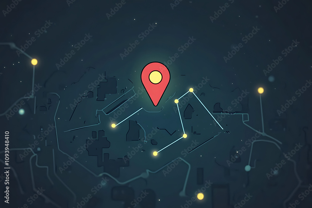 Poster a stylized map with a location pin highlighting a specific area in a dark background.