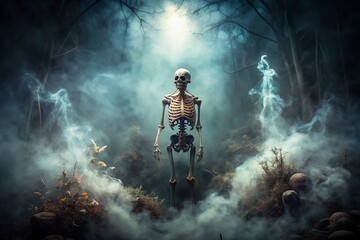 Fototapeta premium Mystical Skeleton in Mist: A Chilling Scene Capturing the Essence of Mystery and the Afterlife in an Enigmatic Landscape, Perfectly Composed Using the Rule of Thirds
