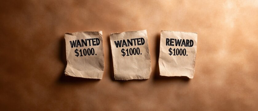 wanted posters with reward amount on aged paper background