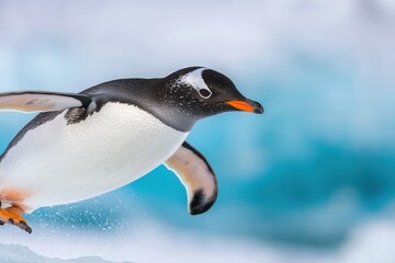 Fototapeta premium A graceful Gentoo penguin leaps from an icy ledge, showcasing its agility in a stunning glacial landscape with vibrant blue ice in the background.