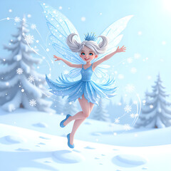 A joyful snow fairy dances in a winter wonderland with sparkling snowflakes and a magical atmosphere, digital art of fantasy character concept.