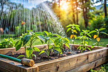 Obraz premium Natural Rain Watering in a Domestic Garden with Raised Beds, Showcasing Bell Pepper Seedlings Amidst Summer Heat and Long Exposure Effects for a Serene Atmosphere