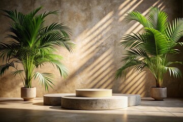 Fototapeta premium Natural Stone Background with Palm Shadow and Sunlight for Tropical Product Placement Mockup Showroom in an Empty Room with Concrete Walls and Floor