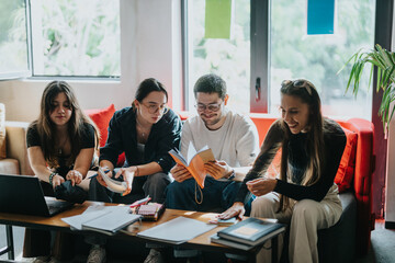 A group of students working together on academic tasks in a comfortable, well-lit study room. Surrounded by books, papers, and laptops, they collaborate, brainstorm, and exchange ideas.