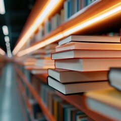 a close-up view of stacked books on a library shelf with warm lighting