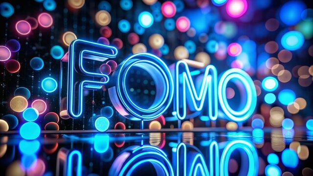 Neon FOMO Sign with Animated Glowing Blue Circles on Dark Background, Capturing the Essence of Fear of Missing Out in a Modern, Vibrant Aesthetic with Tilt-Shift Photography Effect