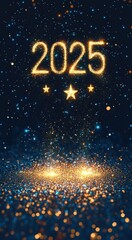 Happy New Year 2025 Vibrant Banner with Sparkling Golden Numbers in Dark Blue Background