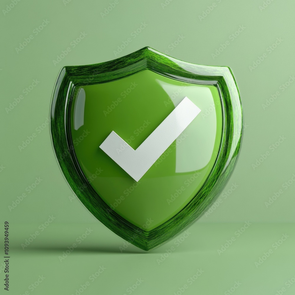 Poster green shield with checkmark for secure protection and approved status