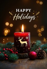 Christmas Greeting Card with Happy Holidays Text, Red Candle, Pine Branches, Reindeer and Rustic Wooden Decor