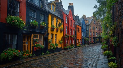 Colorful Cobblestone Street in Scotland