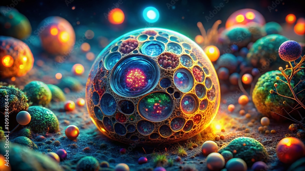Fototapete night photography of a 3d rendered abstract cell under a microscope, showcasing organic structures w