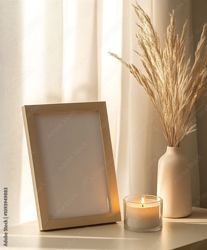 Aufkleber elegant minimalist home decor with candle light and empty frame : generative ai