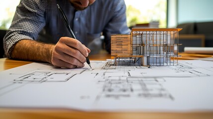 Architect designs a modern building using plans and a scale model in a bright studio space