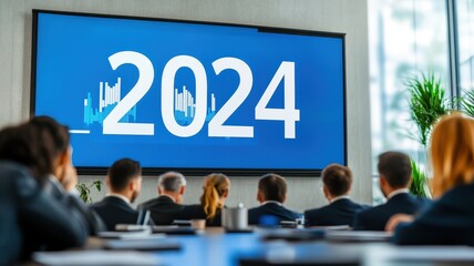 A group of professionals watches a presentation featuring "2024" on a large screen, set in a modern conference room.